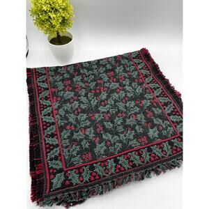 Vintage Christmas Woven Table Runner 14x54 Holly Berry Black Green Red Fringe